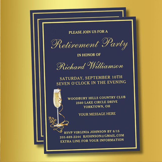 Retirement Party Elegant Navy Gold Invitation (Creator Uploaded)