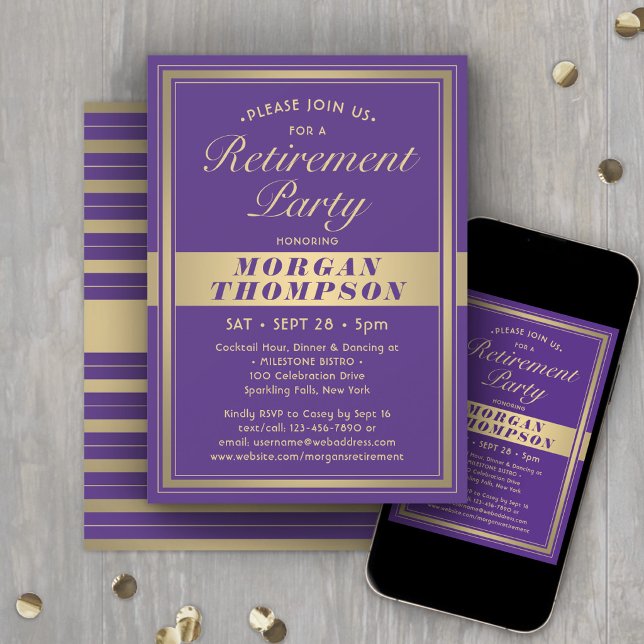 Retirement Party Elegant Purple and Gold Script Invitation (Creator Uploaded)