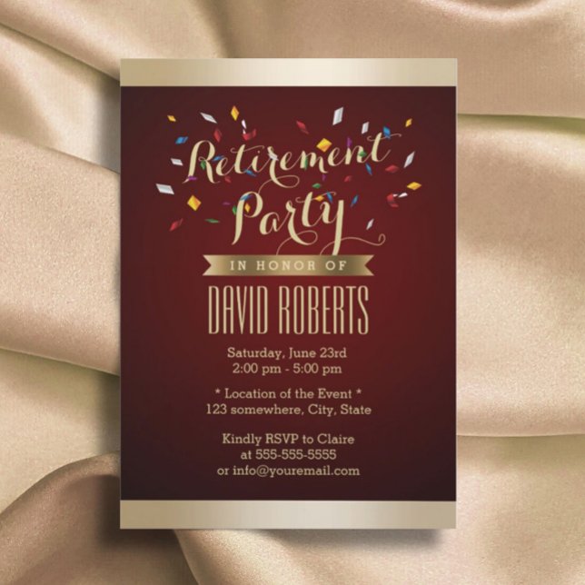 Retirement Party Elegant Wine Red Gold Stripes Invitation (Creator Uploaded)