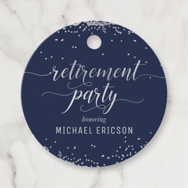 Retirement Party Favour Tag Elegant Silver, Navy (Front)