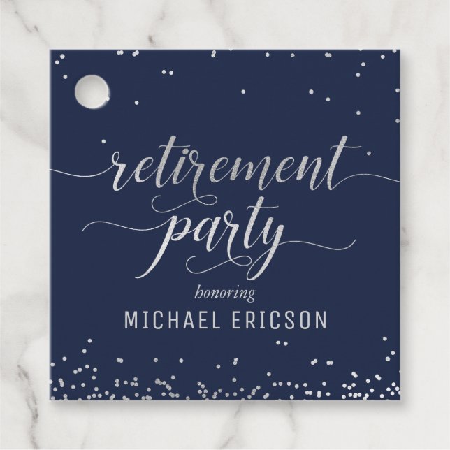 Retirement Party Favour Tag Elegant Silver, Navy (Front)