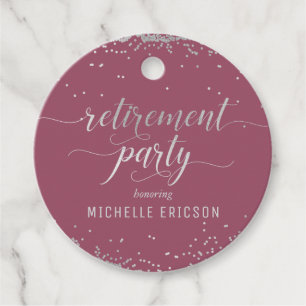 Retirement Party Favour Tag Elegant Silver, Pink