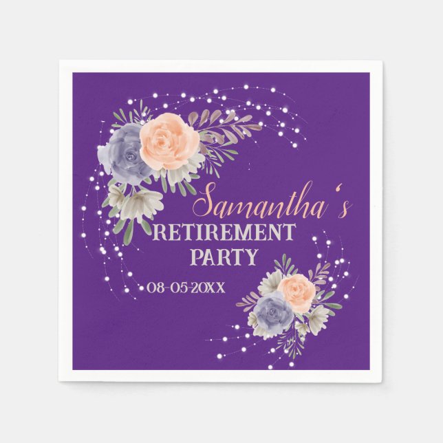 Retirement Party Floral Peony Rose Purple  Napkin (Front)