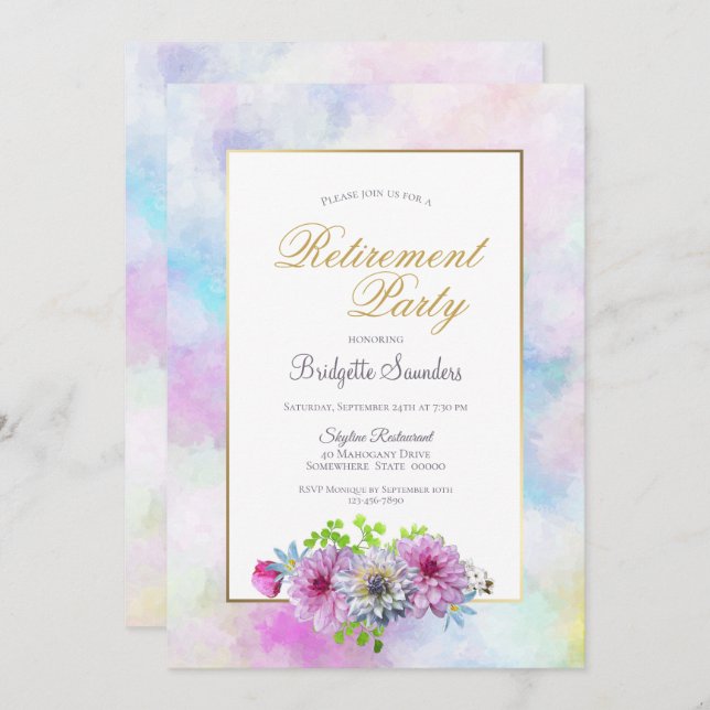 Retirement Party Floral with Watercolor Border Invitation (Front/Back)