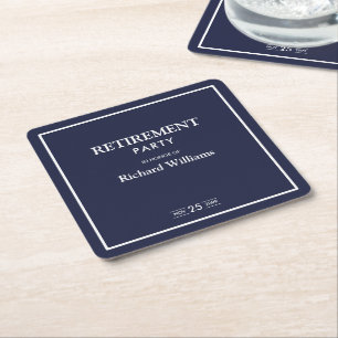 Retirement Party Formal Classic Blue White Square Paper Coaster