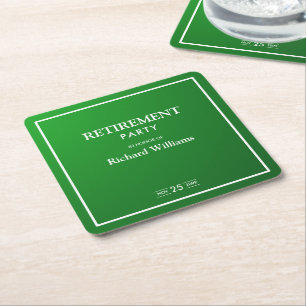 Retirement Party Formal Classic Green White Square Paper Coaster