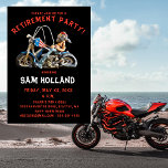 Retirement Party Funny Biker Motorcycle Invitation<br><div class="desc">Retirement Party Funny Biker Motorcycle Invitation to celebrate a friend or family member's retirement. This funny Biker on a Motorcycle image makes for a casual evening of fun and laughter! To personalise this Retirement Party Invitation, simply insert your details into our easy template, replacing the sample text. A few quick...</div>