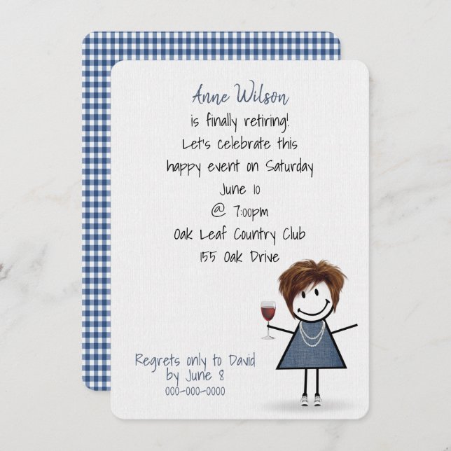 Retirement Party Girl with Wine Glass Invitation (Front/Back)