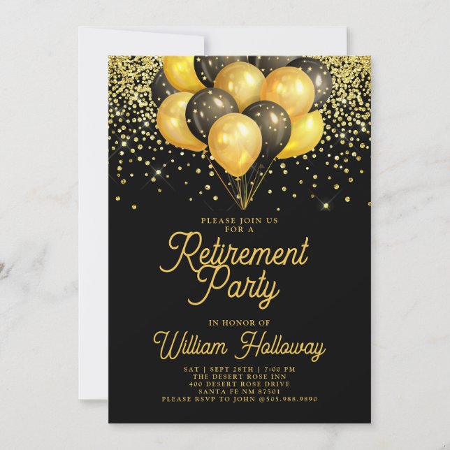 Retirement Party Gold Black Balloons Black Invitation (Front)
