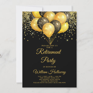 Retirement Party Gold Black Balloons Black Invitation