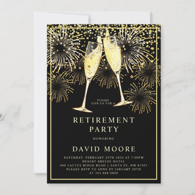 Retirement Party Gold Black Confetti Champagne Invitation (Front)
