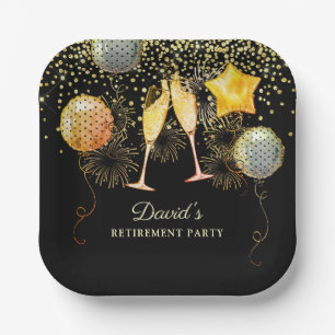Retirement Party Gold Black Confetti Champagne  Paper Plate
