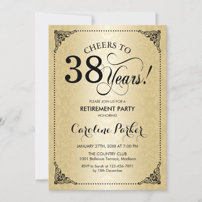 Retirement Party - Gold Black Damask Invitation (Front)
