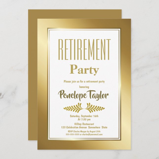 Retirement Party Gold Border and Text Invitation (Front/Back)