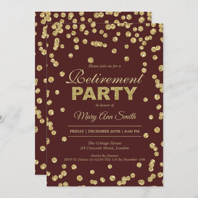 Retirement Party Gold Burgundy Glitter Confetti Invitation (Front/Back)