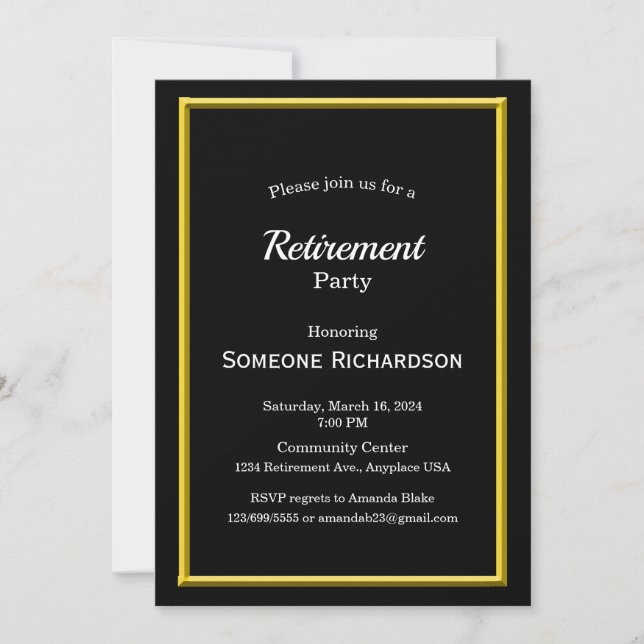Retirement Party Gold Frame black Invitation (Front)