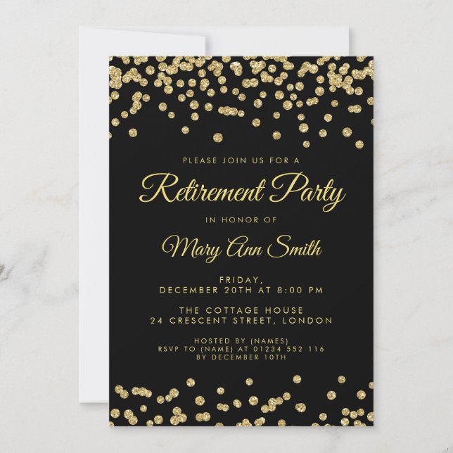 Retirement Party Gold Glitter Confetti Black Invitation (Front)