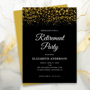 Retirement Party Gold Glitter Confetti Black Invitation