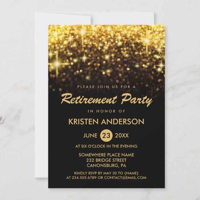 Retirement Party Gold Glitter Glamour Sparkles Invitation (Front)