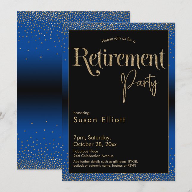 Retirement Party Gold Glitter on Bright Blue Invitation (Front/Back)