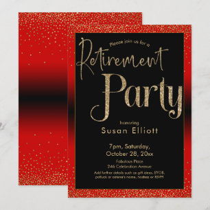 Retirement Party Gold Glitter on Bright Cherry Red Invitation