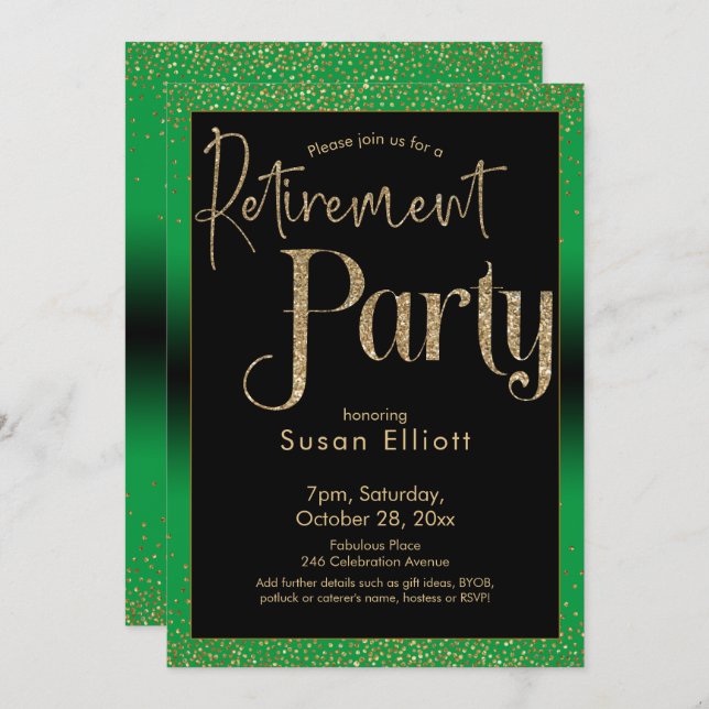 Retirement Party Gold Glitter on Bright Green Invitation (Front/Back)