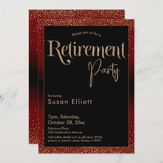 Retirement Party Gold Glitter on Dark Burgundy Red Invitation (Front/Back)