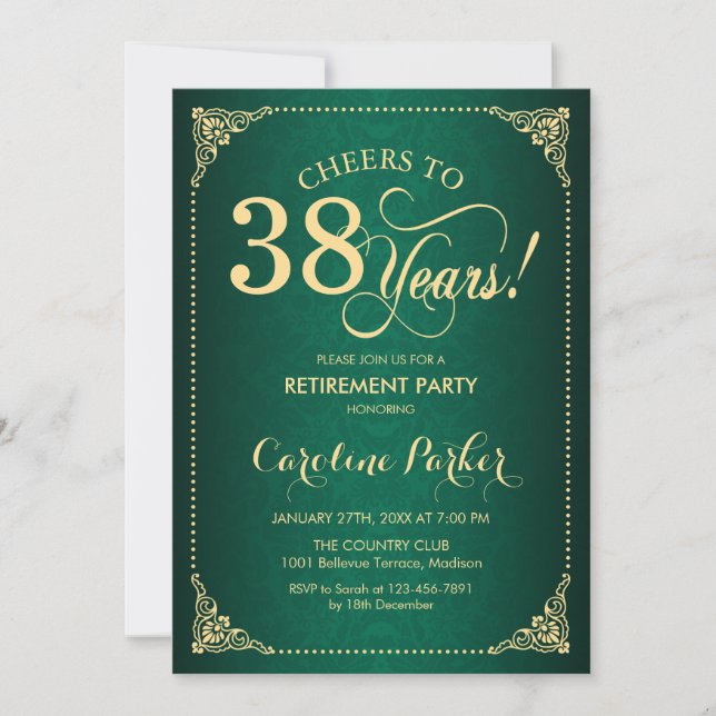 Retirement Party - Gold Green Damask Invitation (Front)