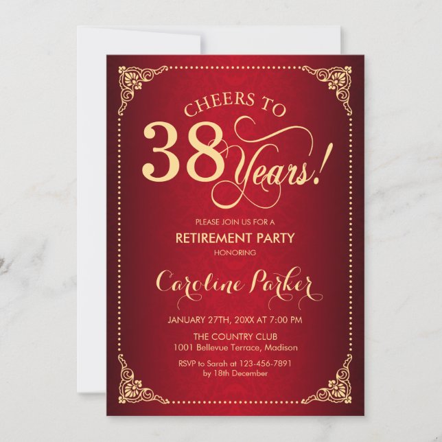 Retirement Party - Gold Red Damask Invitation (Front)