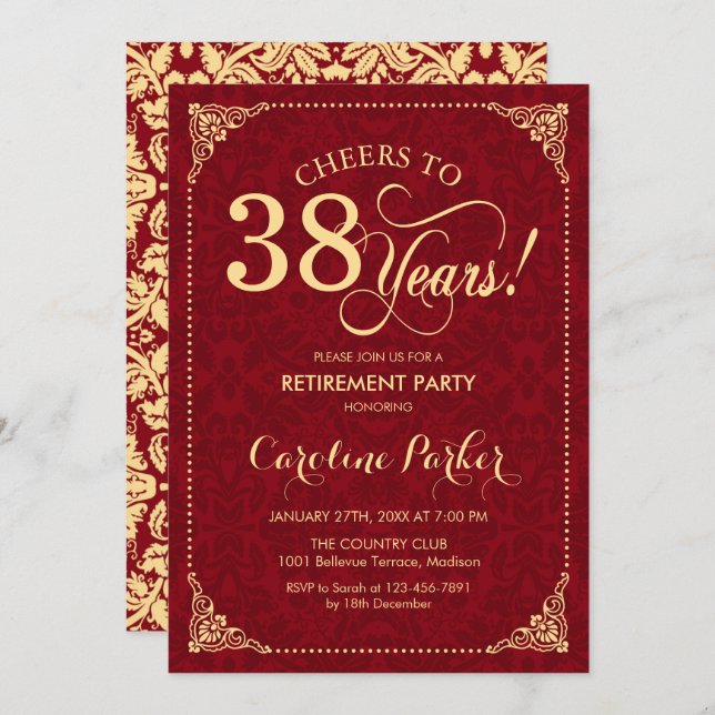 Retirement Party - Gold Red Damask Invitation (Front/Back)