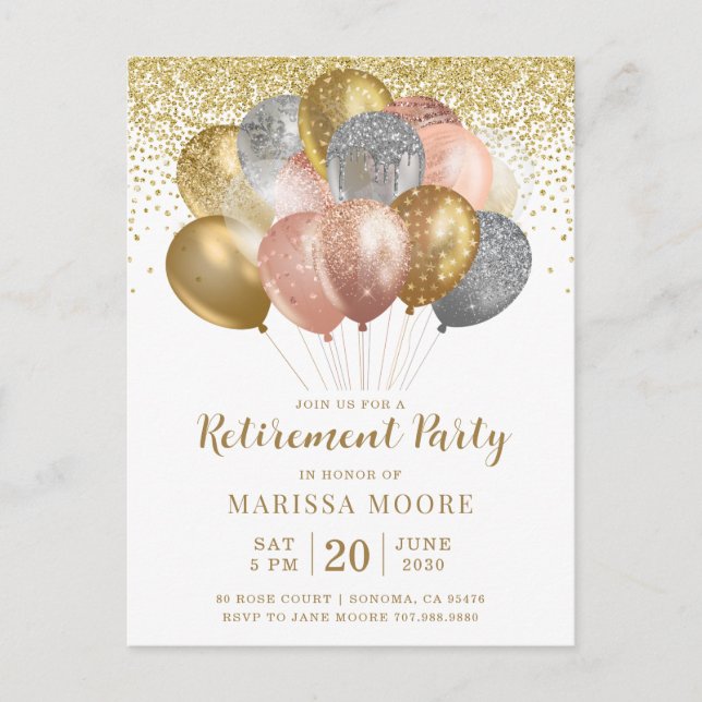 Retirement Party Gold Rose And Gold  Announcement Postcard (Front)