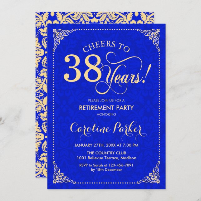 Retirement Party - Gold Royal Blue Damask Invitation (Front/Back)