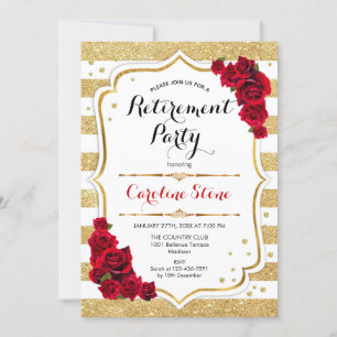 Retirement Party - Gold White Stripes Roses Invitation