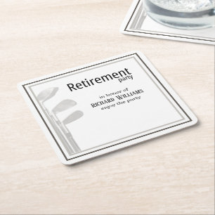 Retirement Party Golf Modern Corporate Black White Square Paper Coaster