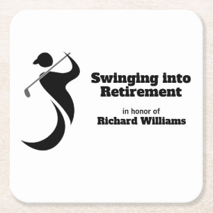 Retirement party golf player swinging modern style square paper coaster