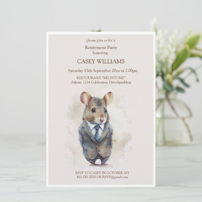 Retirement Party Invitation – A mouse with a jacke (Standing Front)
