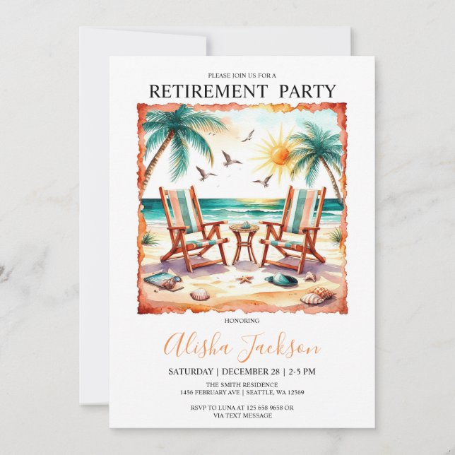 Retirement Party Invitation - Beach Loungers Ocean (Front)