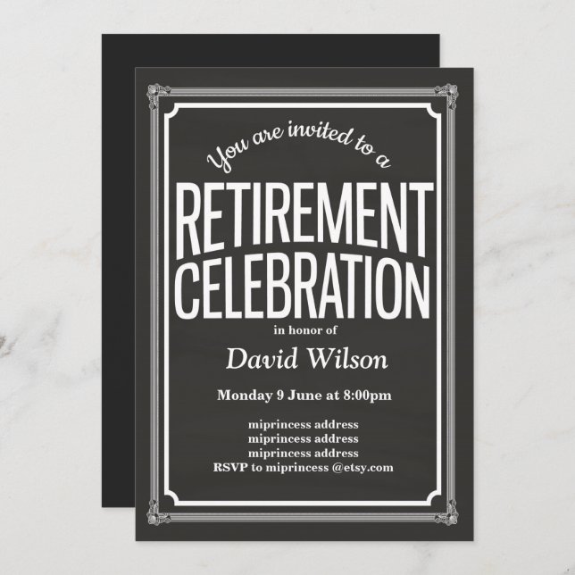 Retirement Party invitation, chalkboard background Invitation (Front/Back)