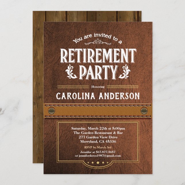 Retirement party invitation. Classy faux leather Invitation (Front/Back)