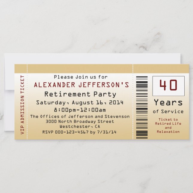 Retirement Party Invitation Goldtone Ticket (Front)