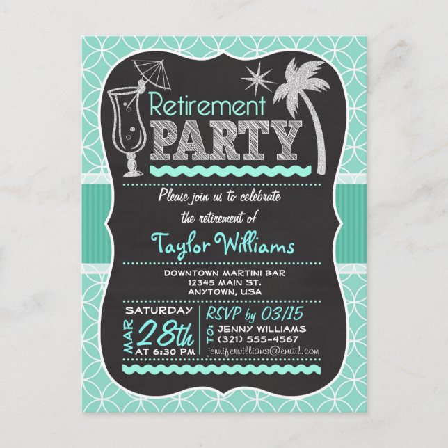 Retirement Party Invitation on Aqua Pattern Postcard (Front)