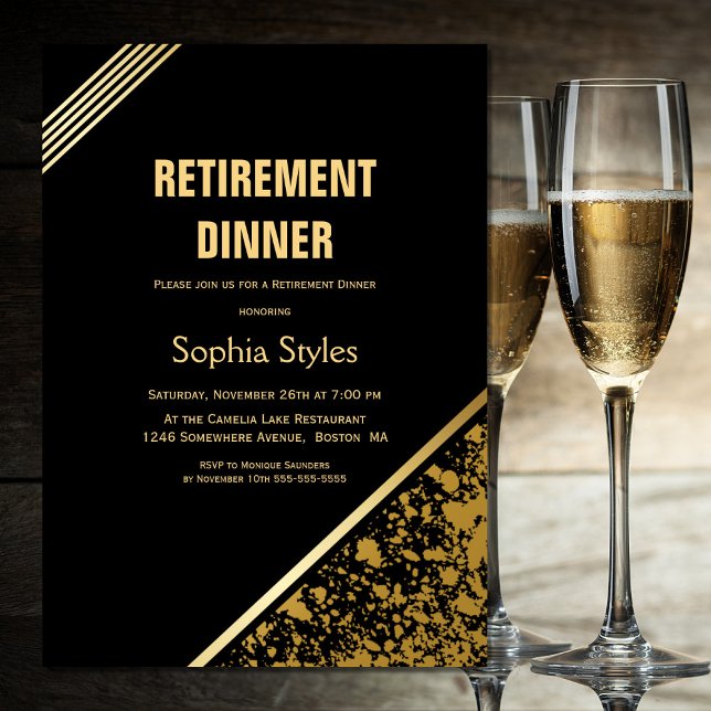 Retirement Party Modern Black and Gold Dinner Invitation (Creator Uploaded)