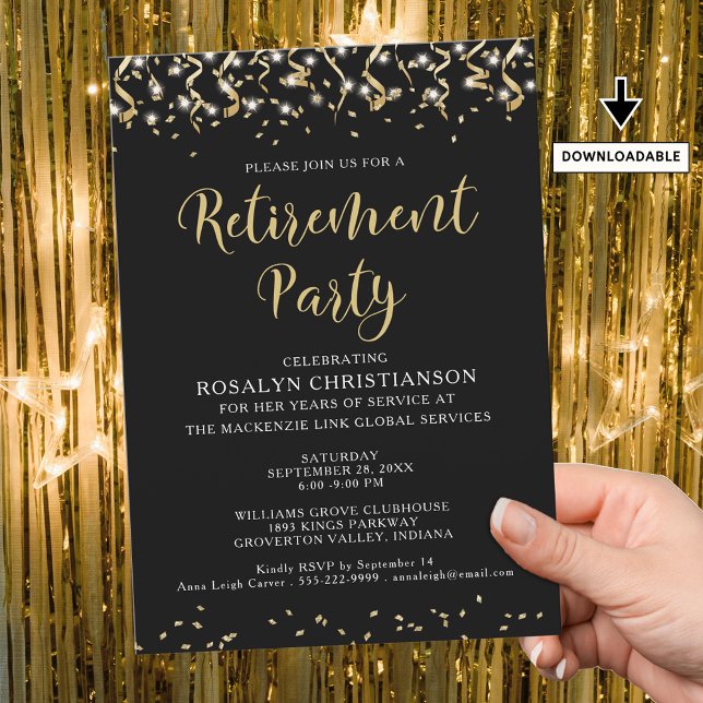 Retirement Party Modern Black Gold Streamers Invitation (Creator Uploaded)