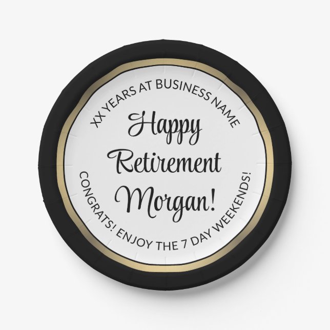 Retirement Party Modern Black, White & Gold Round Paper Plate (Front)