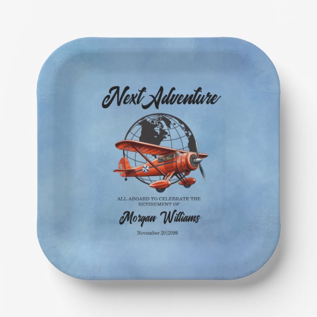 Retirement Party Next Adventure Travel Plane  Paper Plate (Front)