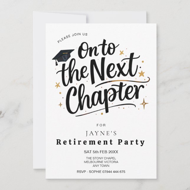 Retirement Party Next Chapter Black & White Invite (Front)