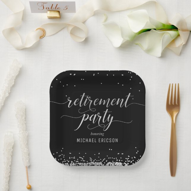Retirement Party Paper Plate Elegant Silver, Black (Wedding)