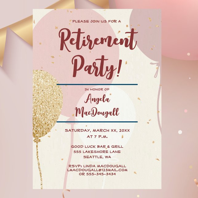 Retirement Party Pink and Gold Invitation (Retirement Party, Pink & Gold Balloons Invitation)