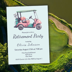 Retirement Party Pink Golf Cart Watercolor  Invitation