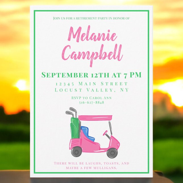 Retirement Party Preppy Pink Golf Cart Invitation (Creator Uploaded)